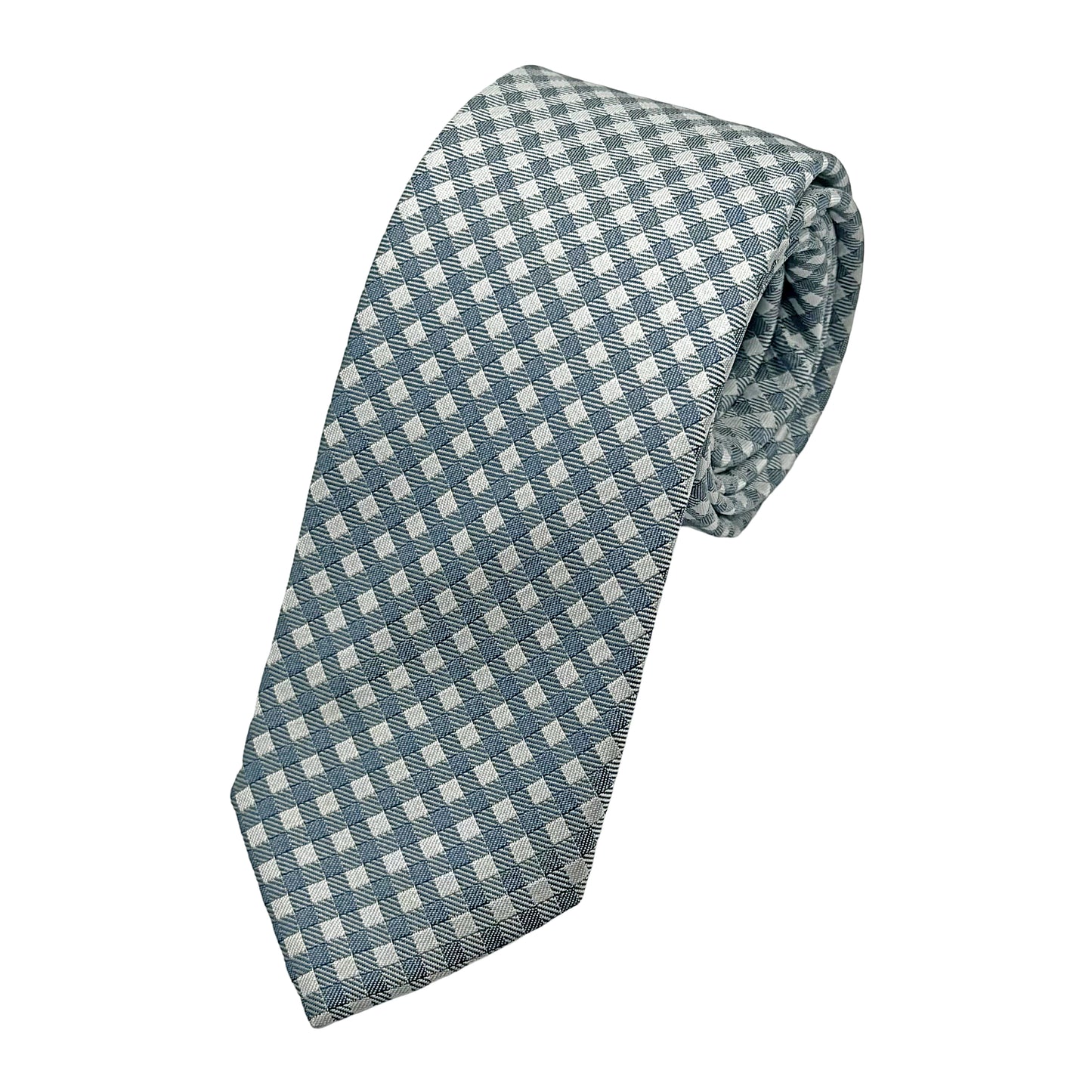 OG0350T-1 OLLYGAN COMO ITALY Italian Mens Silk Gingham Check Weave Neck Tie in Blue Grey