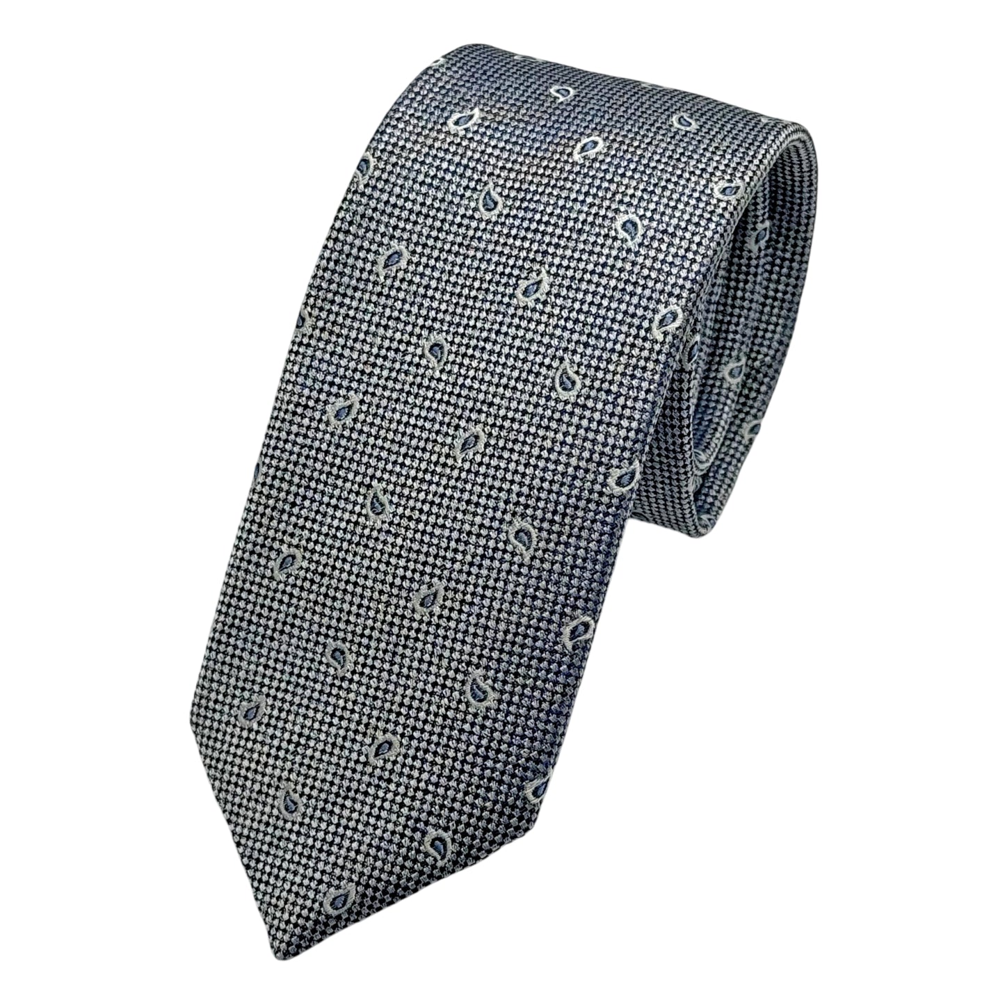 OG0500T-1 OLLYGAN COMO ITALY Italian Mens Silk Textured Mini Paisley Weave Neck Tie in Silver