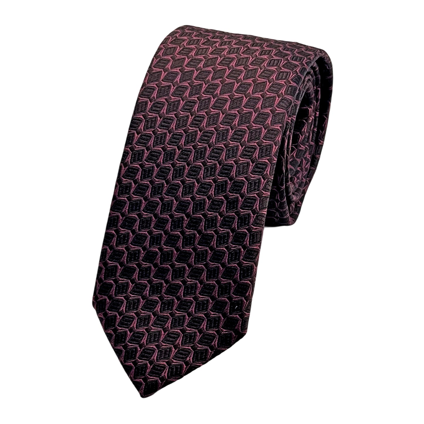 OG1200T-1 OLLYGAN COMO ITALY Italian Mens Silk Geometric Weave Neck Tie in Magenta/Black