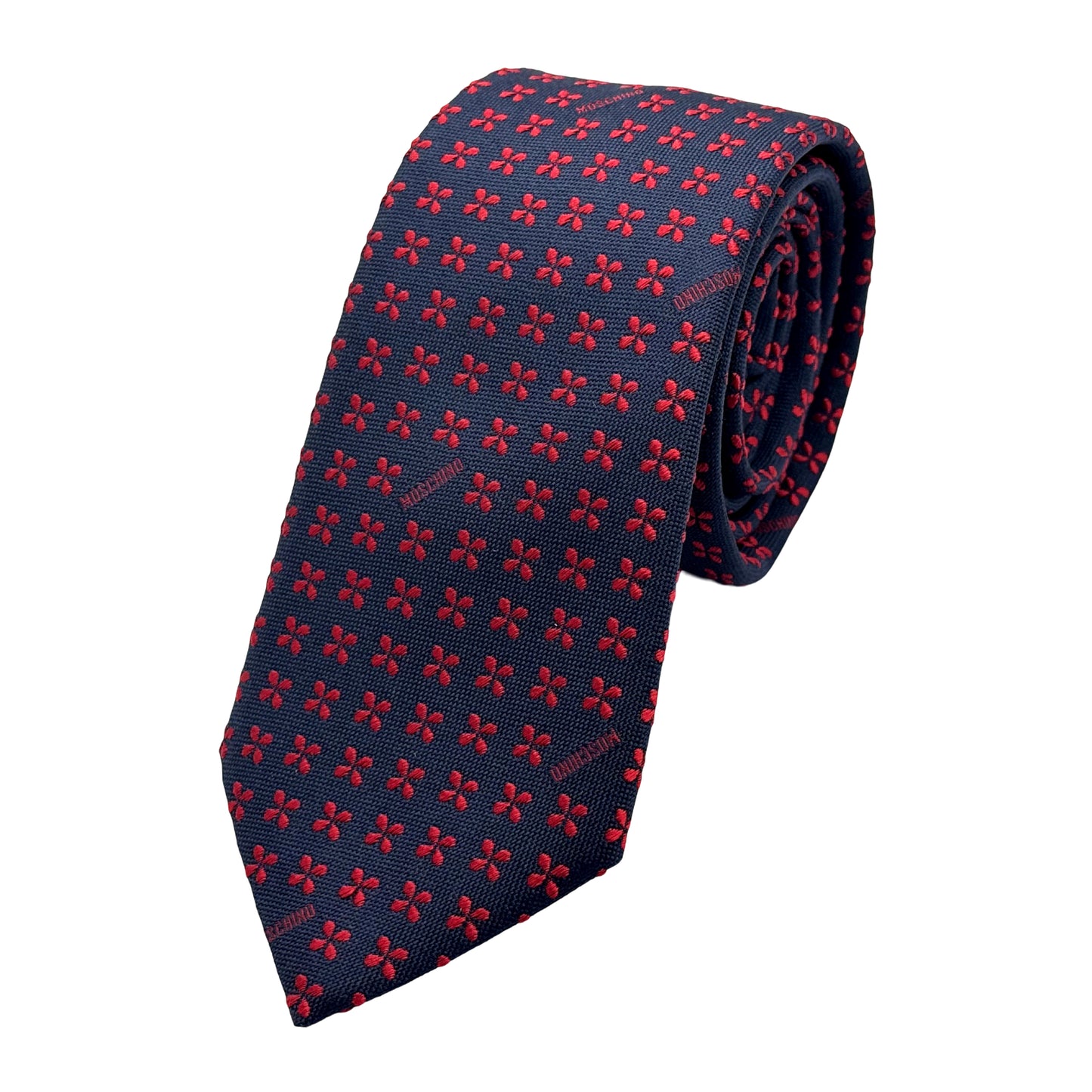 MO180T-1 MOSCHINO ITALY Italian Mens Silk Classic Geometric Moschino Branded Neck Tie in Navy