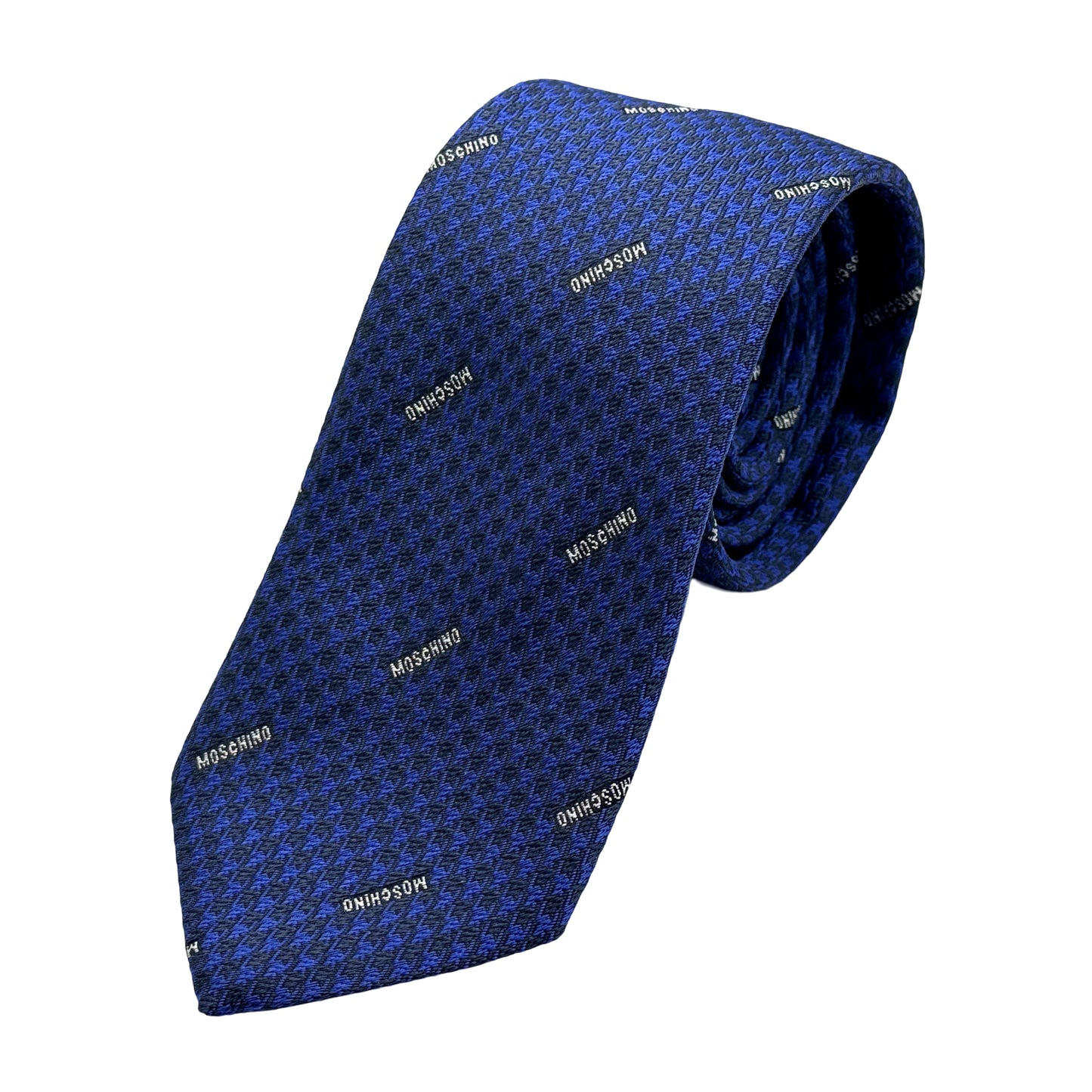 MO250T-1 MOSCHINO ITALY Italian Mens Silk Textured Weave Moschino Branded Neck Tie in Navy