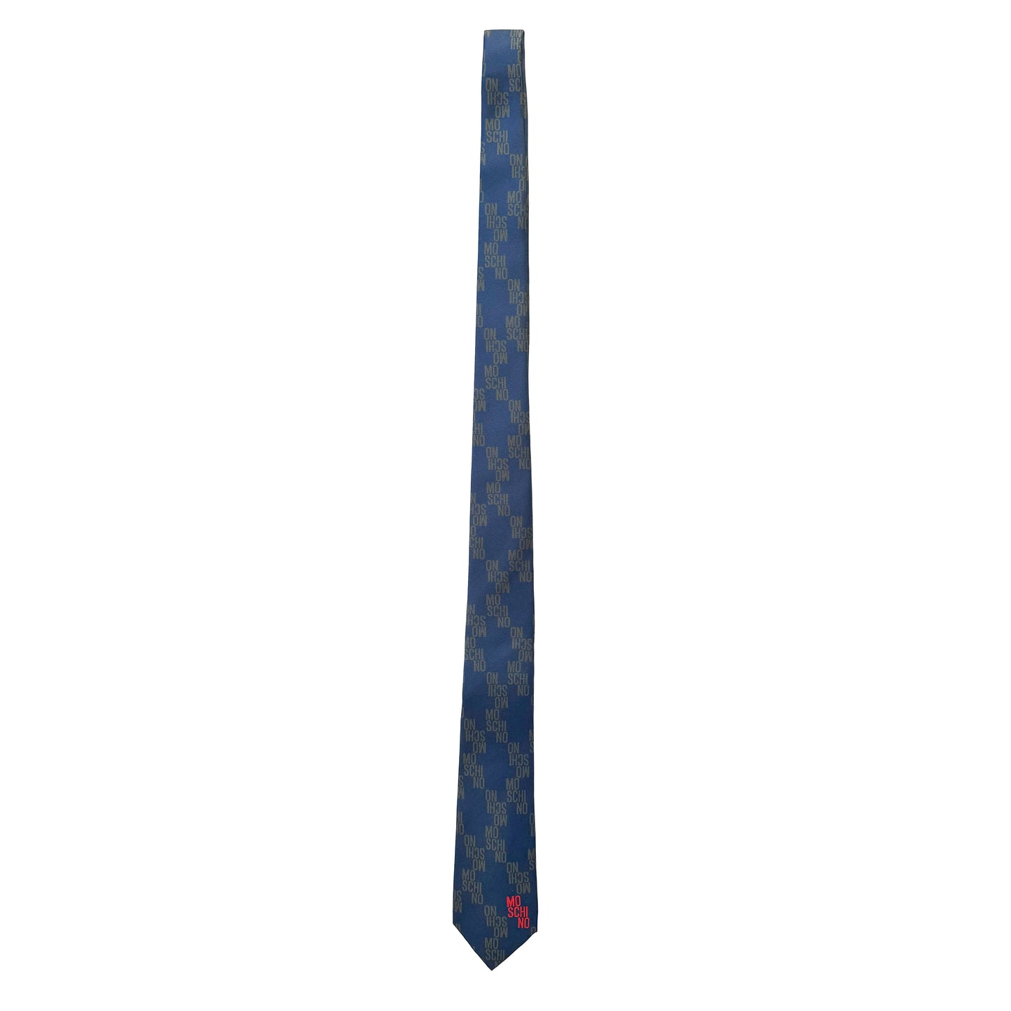 MO330T-1 MOSCHINO ITALY Italian Mens Silk Satin Weave Moschino Branded Logo Neck Tie in Blue