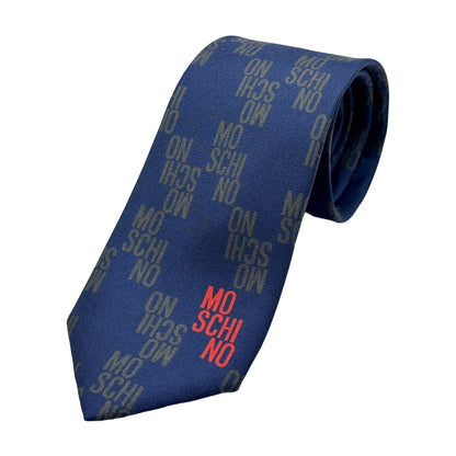 MO330T-1 MOSCHINO ITALY Italian Mens Silk Satin Weave Moschino Branded Logo Neck Tie in Blue