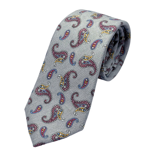 MD200T-1 MARINA D'ESTE COMO ITALY Italian Mens Wool Blend Textured Paisley Neck Tie in Silver Grey