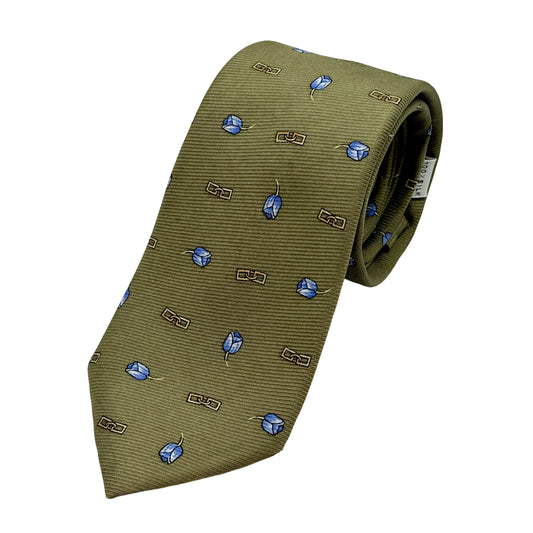 MD280T-1 MARINA D'ESTE COMO ITALY Italian Mens Silk Twill Weave Neck Tie with Chain and Tulip Motifs in Soft Green