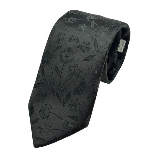 LB380T-1 LAURA BIAGIOTTI ITALY Italian Mens Silk Satin Floral Weave Neck Tie in Black