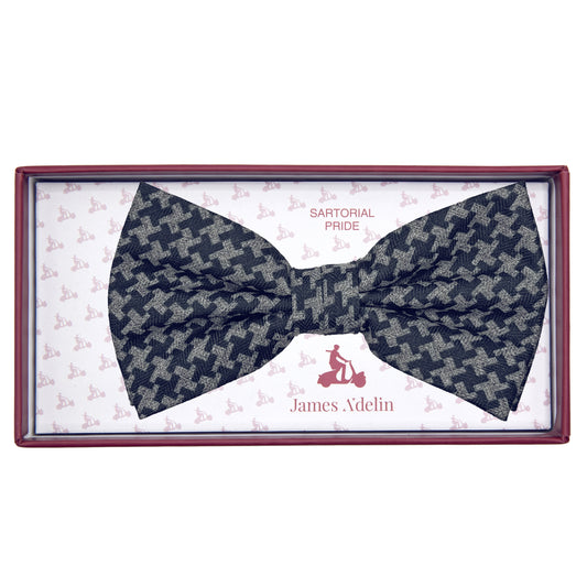 JAS7130B-1 JAMES ADELIN Mens Luxury Soft Wool Effect Houndstooth Weave Bow Tie in Navy/Grey