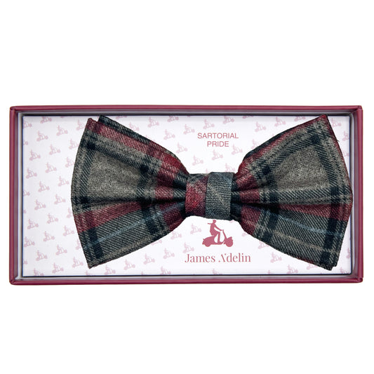 JAS7020B-1 JAMES ADELIN Mens Luxury Soft Wool Effect Tartan Weave Bow Tie in Grey/Burgundy