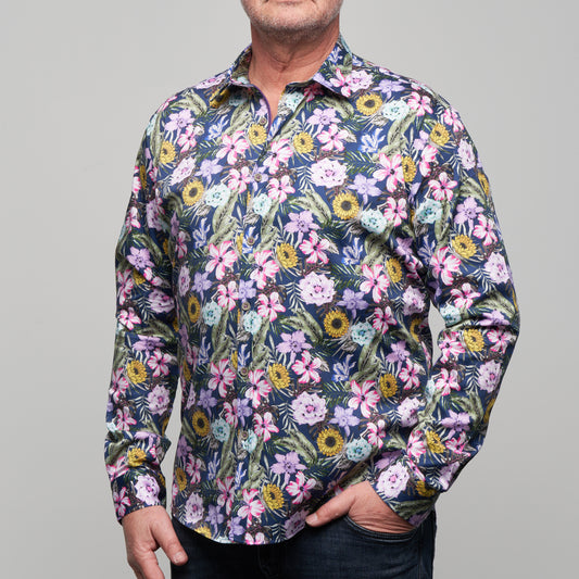 JF2303 JIMMY FOX Coloured Floral Print Tailored Fit Long Sleeve Shirt