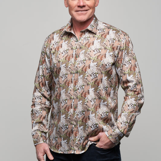 JF2305 JIMMY FOX Jungle Leaf Print Tailored Fit Long Sleeve Shirt