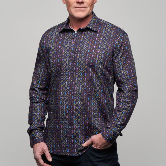 JF2329 JIMMY FOX Vintage Cross Print Tailored Fit Long Sleeve Shirt