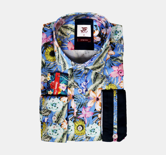 JF506A JIMMY FOX Blue Summer Floral Print Tailored Fit Long Sleeve Shirt