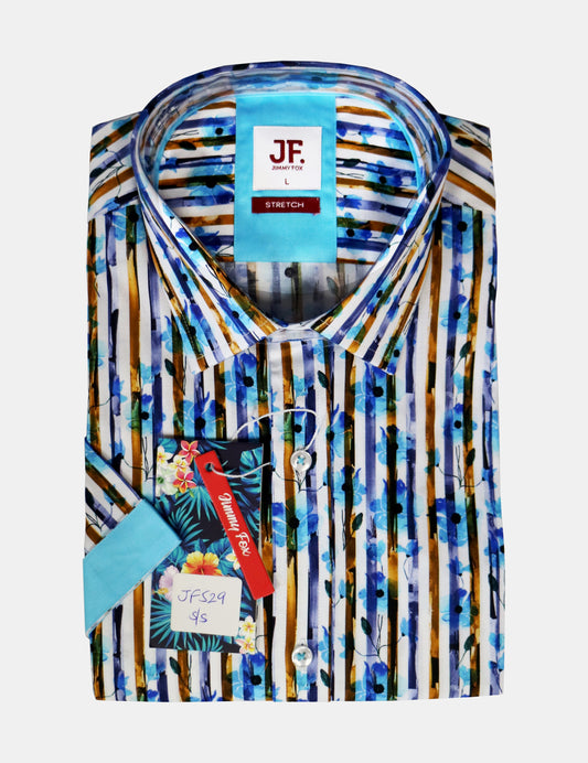 JF529A JIMMY FOX White Summer Striped Floral Print Tailored Fit Short Sleeve Shirt