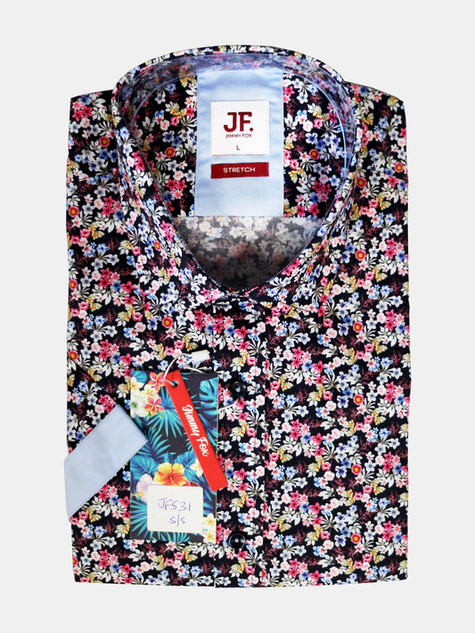 JF531A JIMMY FOX Multi Coloured Mini Floral Tailored Fit Short Sleeve Shirt