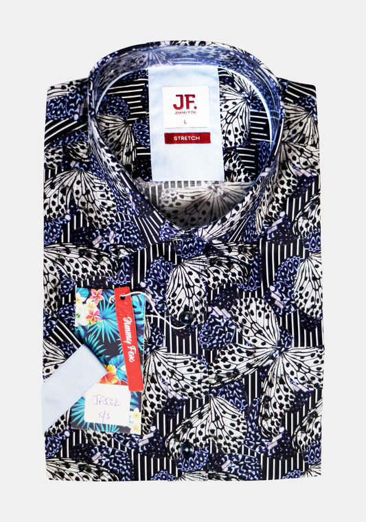 JF532A JIMMY FOX Navy Butterfly Print Tailored Fit Short Sleeve Shirt