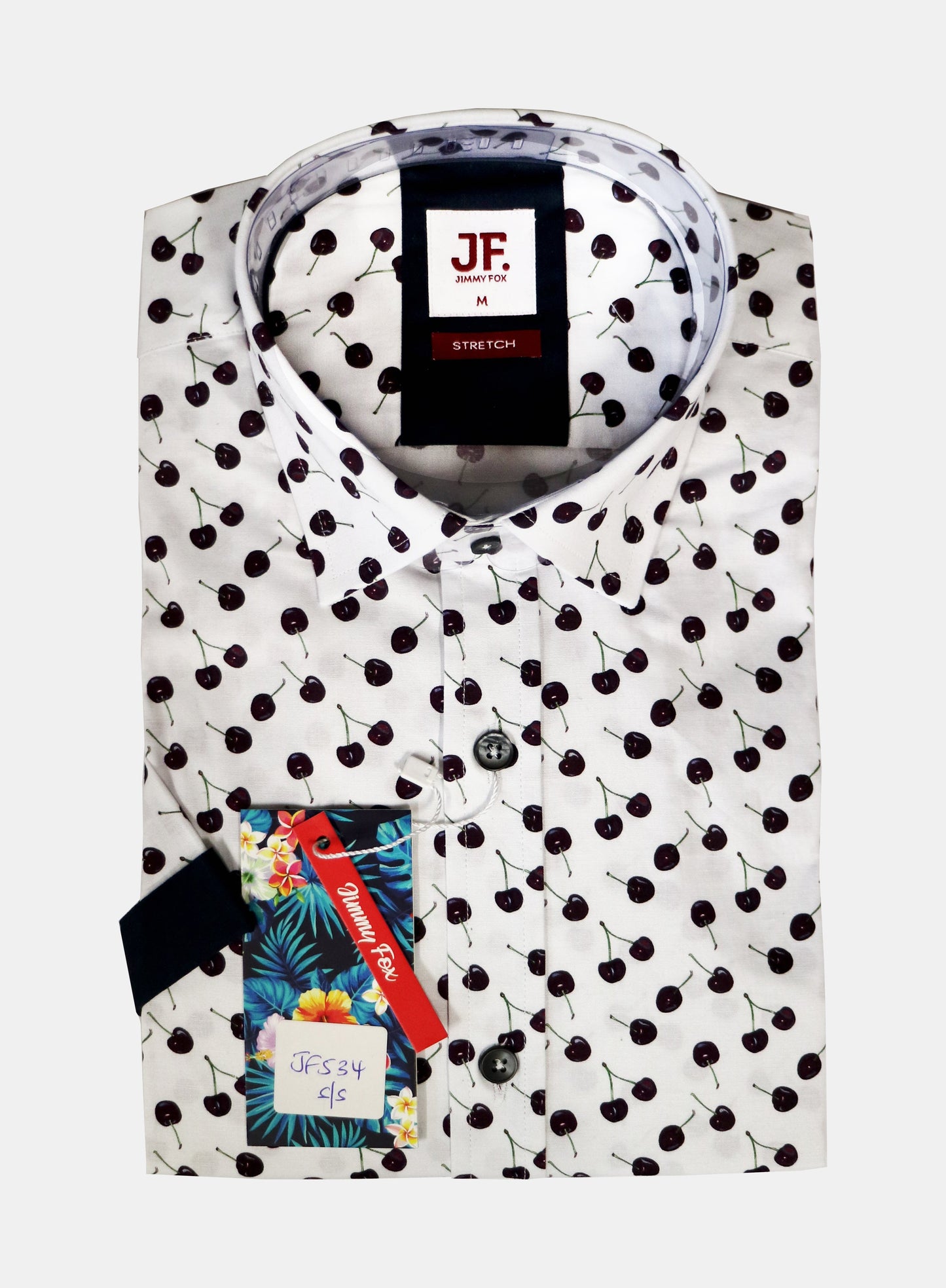 JF534A JIMMY FOX White Cherry Print Tailored Fit Short Sleeve Shirt