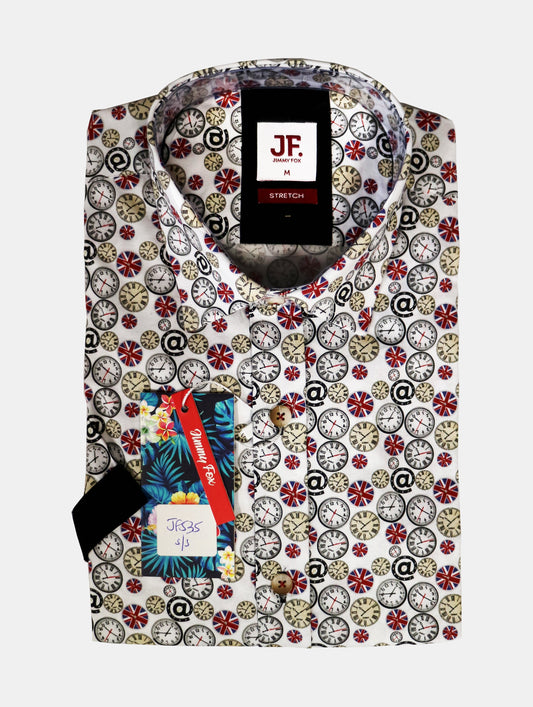 JF535A JIMMY FOX White Clocks Print Tailored Fit Short Sleeve Shirt