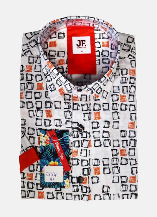 JF541A JIMMY FOX White Coloured Squares Print Tailored Fit Short Sleeve Shirt