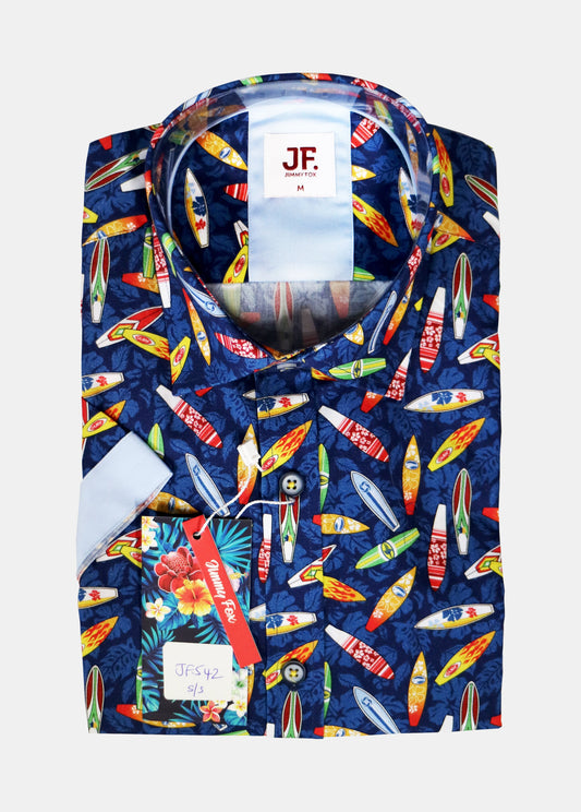 JF542A JIMMY FOX Navy Surfboards Print Tailored Fit Short Sleeve Shirt