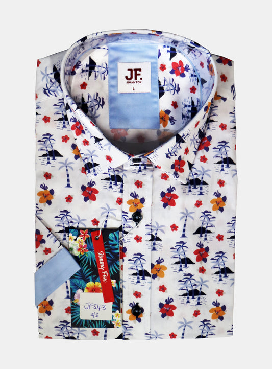 JF543A JIMMY FOX White Summer Floral Print Tailored Fit Short Sleeve Shirt