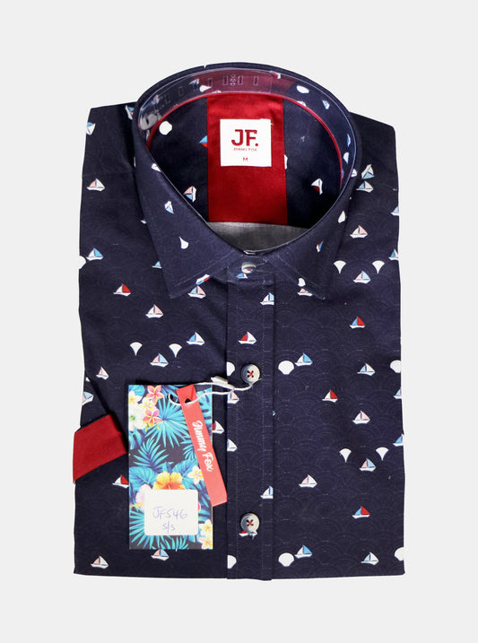 JF546A JIMMY FOX Navy Sailing Boats Print Tailored Fit Short Sleeve Shirt