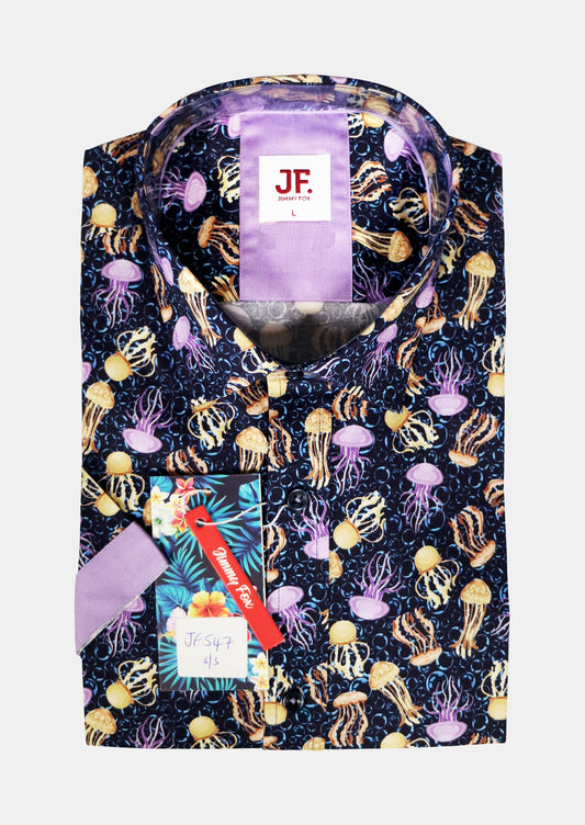 JF547A JIMMY FOX Navy Jellyfish Print Tailored Fit Short Sleeve Shirt