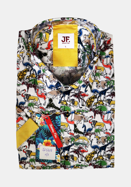 JF548A JIMMY FOX White Summer Zoo Print Tailored Fit Short Sleeve Shirt