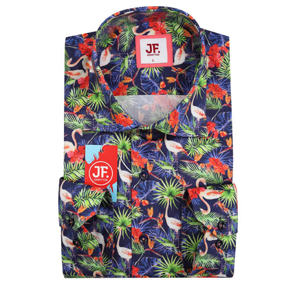 JF856 JIMMY FOX Tropical Flamingo Print Slim Fit L/S Shirt