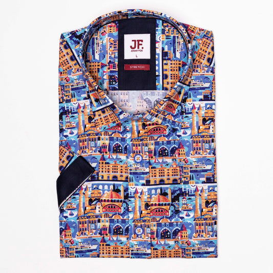 JF549 JIMMY FOX Istanbul City Print Tailored Fit Short Sleeve Shirt