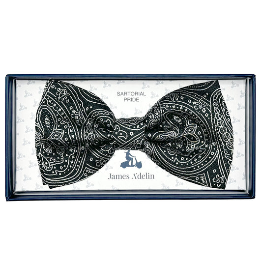 MC8010B-1 MAITRE CHEMISE ITALY Italian Luxury Mens Silk Paisley Weave Pre-Tied Bow Tie in Black/Silver