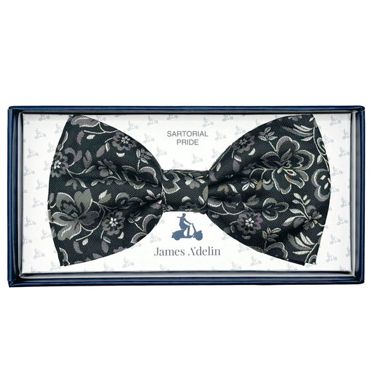 MC8020B-1 MAITRE CHEMISE ITALY Italian Luxury Mens Silk Floral Weave Pre-Tied Bow Tie in Black/Grey