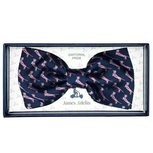 MC8050B-1 MAITRE CHEMISE ITALY Italian Mens Silk Textured Dog Motif Weave Pre-Tied Bow Tie in Navy/Pink