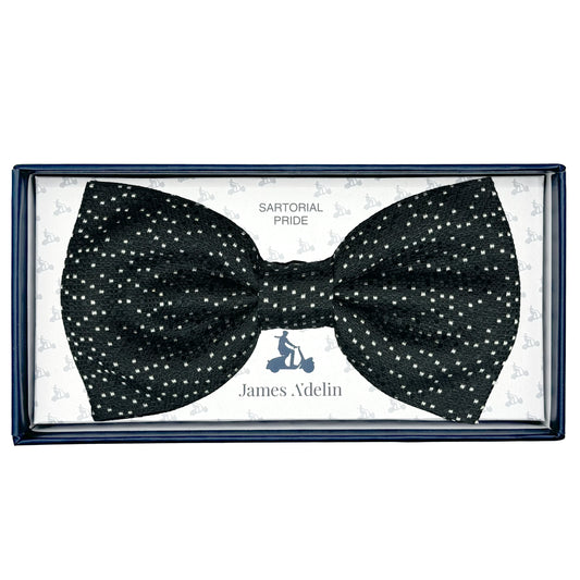 MC8070B-1 MAITRE CHEMISE ITALY Italian Mens Silk Textured Spotted Weave Pre-Tied Bow Tie in Black/White