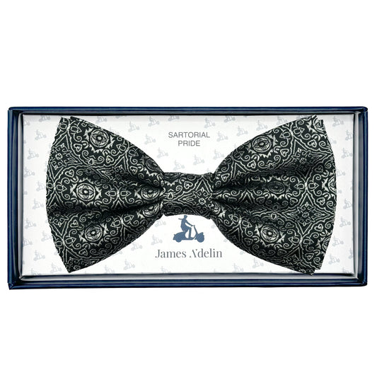 MC8160B-1 MAITRE CHEMISE ITALY Italian Mens Silk Vintage Geometric Weave Pre-Tied Bow Tie in Black/Silver