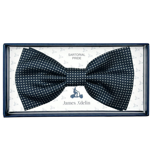 MC8200B-1 MAITRE CHEMISE ITALY Italian Luxury Mens Silk Textured Mini Spotted Weave Pre-Tied Bow Tie in Navy