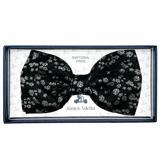 MC8220B-1 MAITRE CHEMISE ITALY Italian Luxury Mens Silk Textured Mini Floral Weave Pre-Tied Bow Tie in Black/Grey