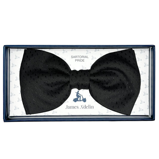 MC8250B-1 MAITRE CHEMISE ITALY Italian Luxury Mens Silk Textured Tonal Spotted Weave Pre-Tied Bow Tie in Black