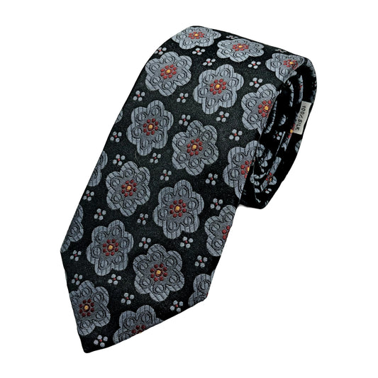 MD190T-1 MARINA D'ESTE COMO ITALY Italian Mens Silk Satin Weave Floral Neck Tie in Black