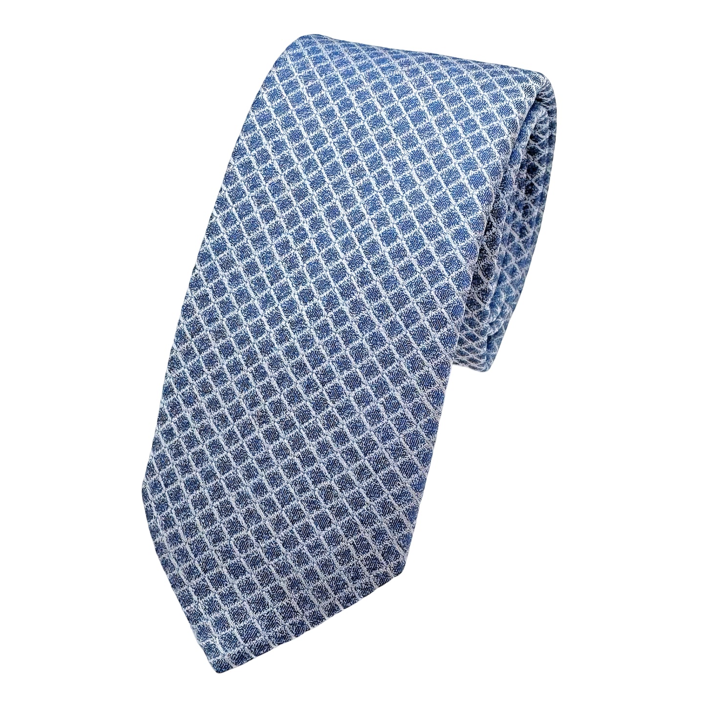 OG0570T-1 OLLYGAN COMO ITALY Italian Mens Silk Textured Mini Check Weave Skinny Neck Tie in Soft Blue