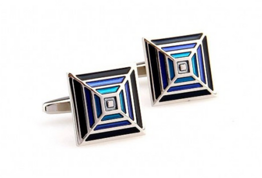 CU-165811 JAMES ADELIN Silver, Black and Blue Pyramid Cuff Links