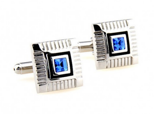 CU-161442 JAMES ADELIN Silver, Black and Blue Crystal Square Cuff Links