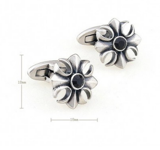 CU-181207 JAMES ADELIN Silver Black Vintage Crystal Flower Cuff Links