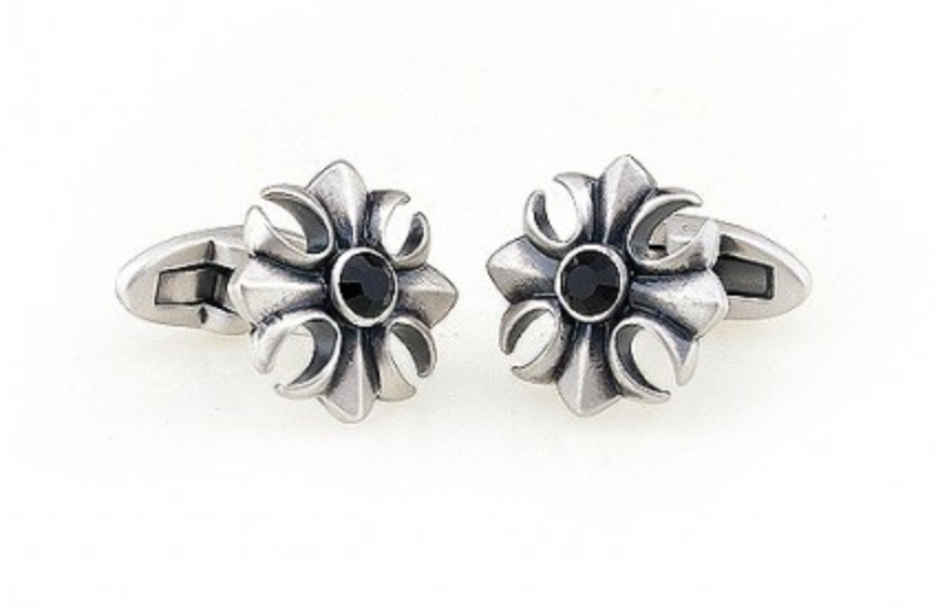 CU-181207 JAMES ADELIN Silver Black Vintage Crystal Flower Cuff Links