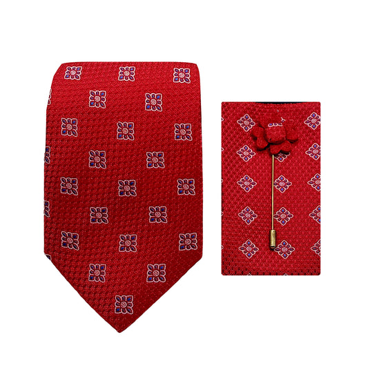 JACOMBO202050 JAMES ADELIN Luxury Textured Motif Weave 7.5cm Width Tie/Pocket Square/Lapel Pin Combo Set in Red