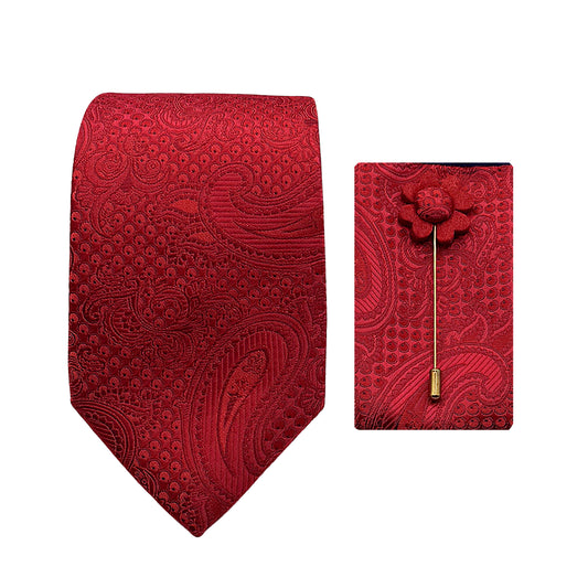 JACOMBO207050 JAMES ADELIN Luxury Textured Paisley Weave 7.5cm Width Tie/Pocket Square/Lapel Pin Combo Set in Red