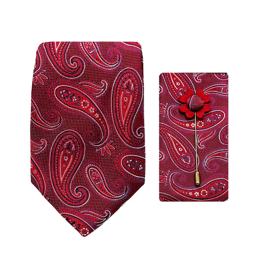 JACOMBO207080 JAMES ADELIN Luxury Paisley Weave 7.5cm Width Tie/Pocket Square/Lapel Pin Combo Set in Red