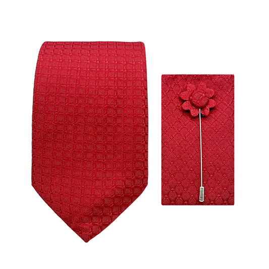 JACOMBO221140 JAMES ADELIN Luxury Subtle Tonal Check Weave 7.5cm Width Tie/Pocket Square/Lapel Pin Combo Set in Red