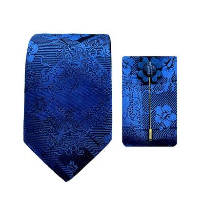 JACOMBO226140 JAMES ADELIN Luxury Subtle Floral Check 7.5cm Width Tie/Pocket Square/Lapel Pin Combo Set