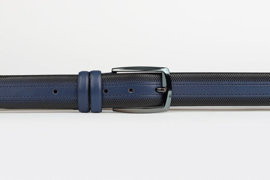 James Adelin Mens Leather Belt Dark Blue Subtle Grid Edge