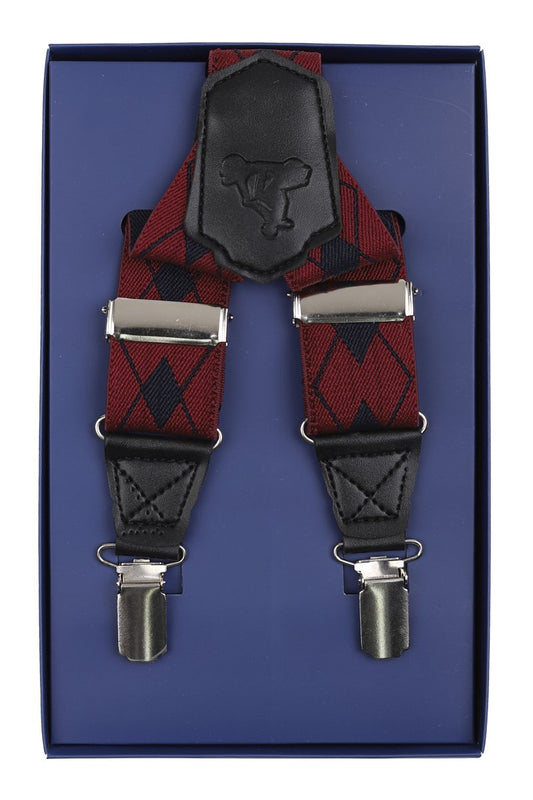 JAMES ADELIN Mens Suspenders in Burgundy and Navy Vintage Check